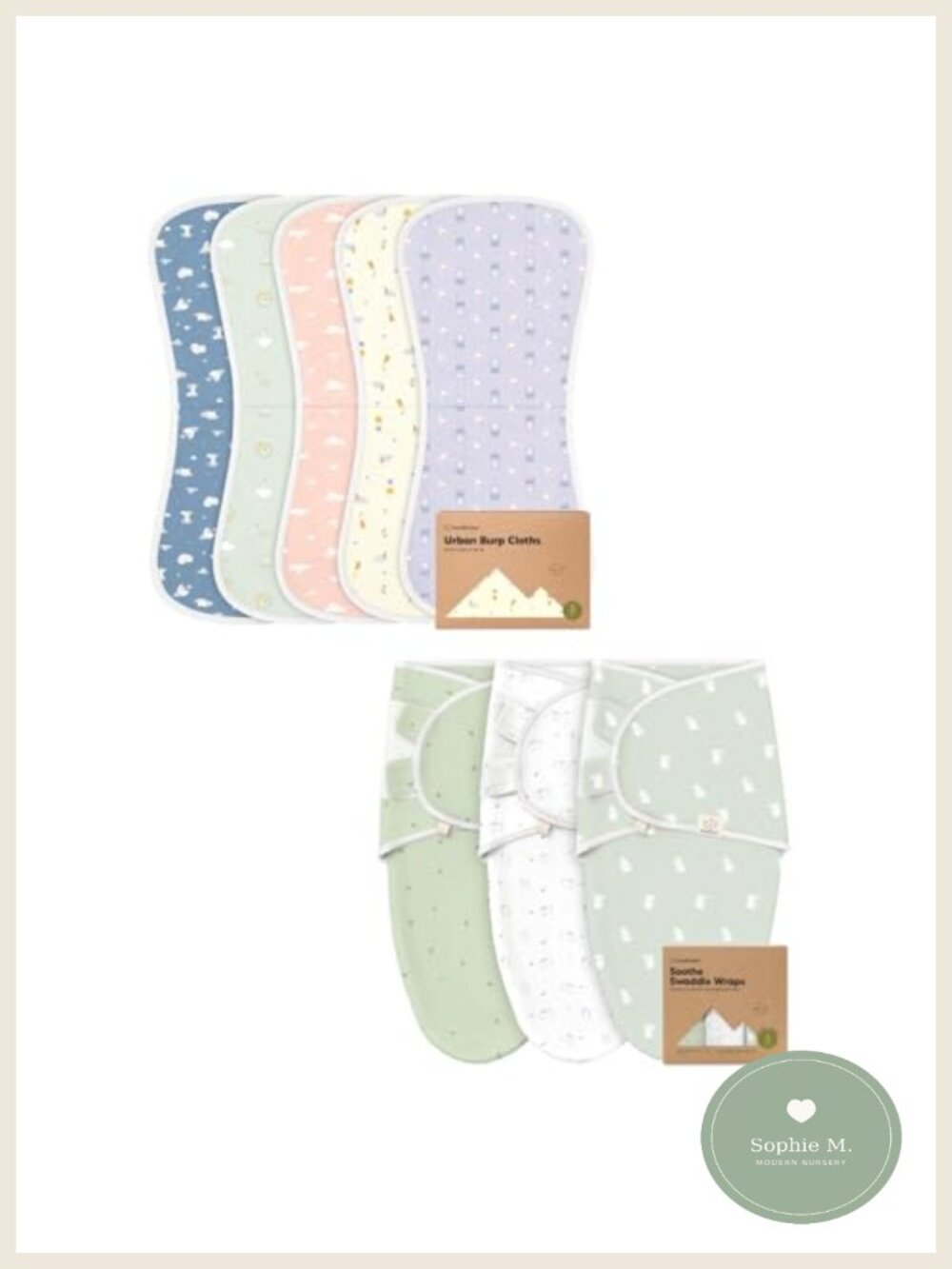 5-Pack Burp Cloths & 3-Pack Swaddle Sleep Sacks GOTS Certified Cotton